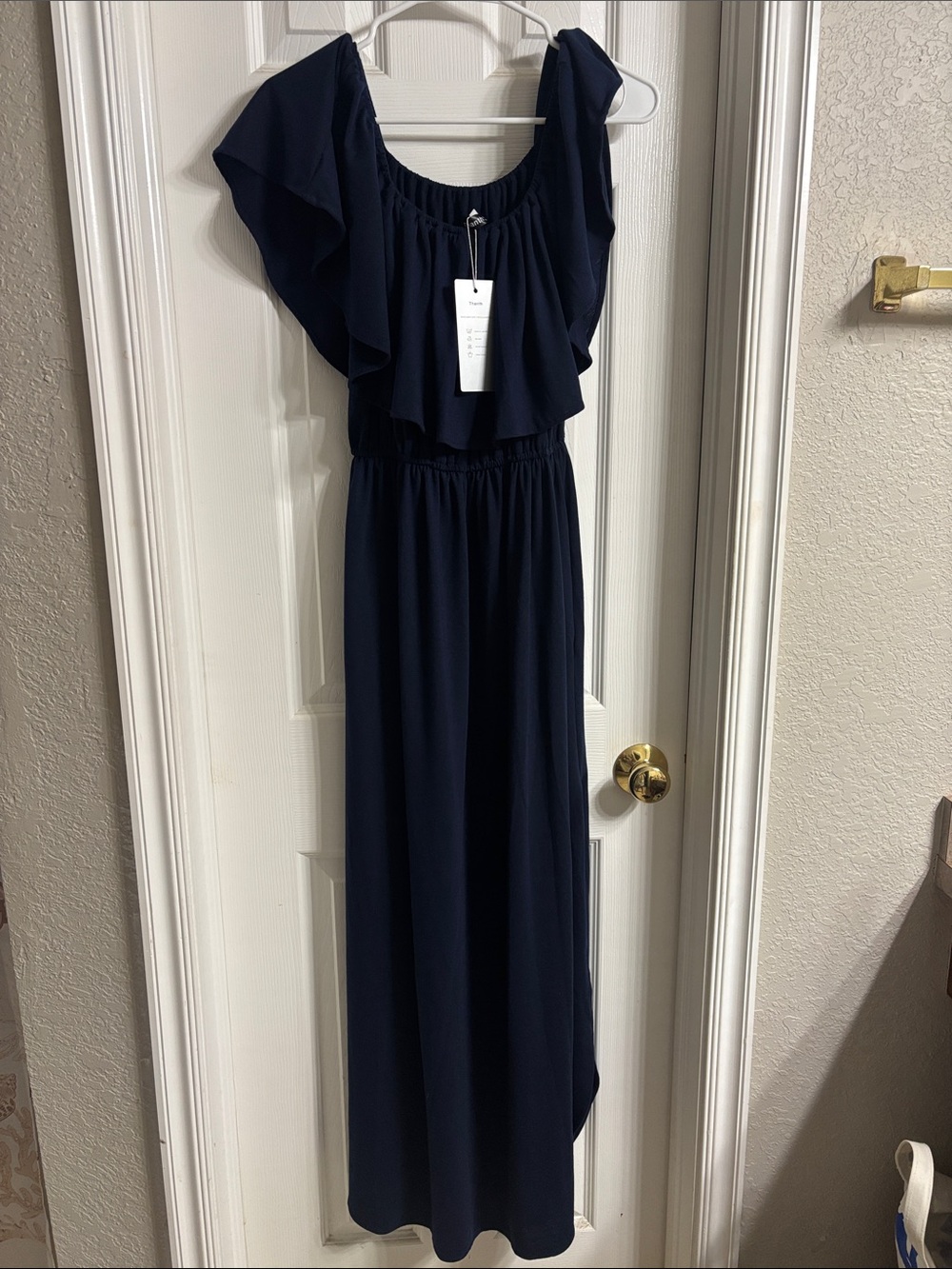 Navy Ruffle Off-Shoulder Maxi Dress